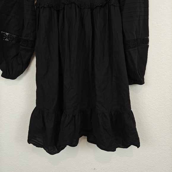 & Other Stories Boho Black Poplin Lace Cotton Long Sleeve Mini Dress Black SZ 0 - Picture 5 of 15
